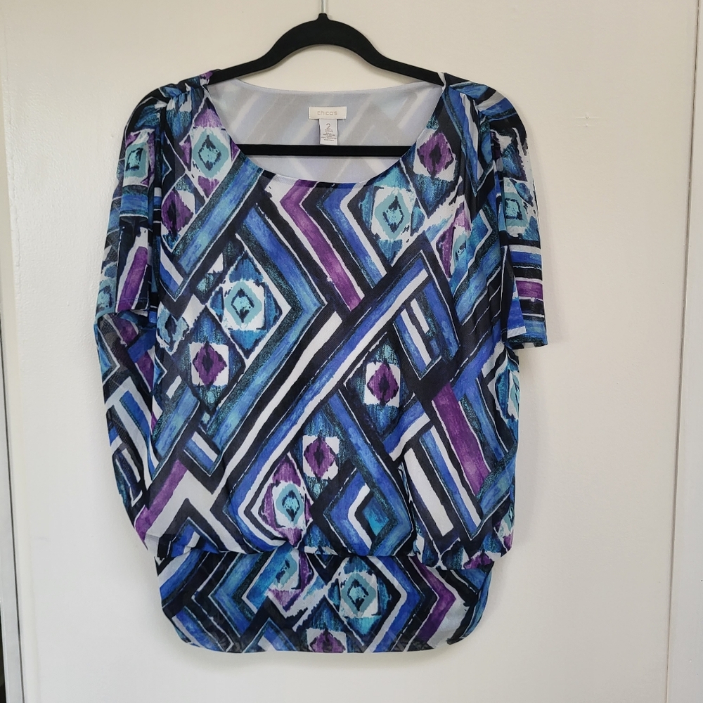 Chico's Size Large Mesh Top Blue Purple Geometric Abstract Blouse